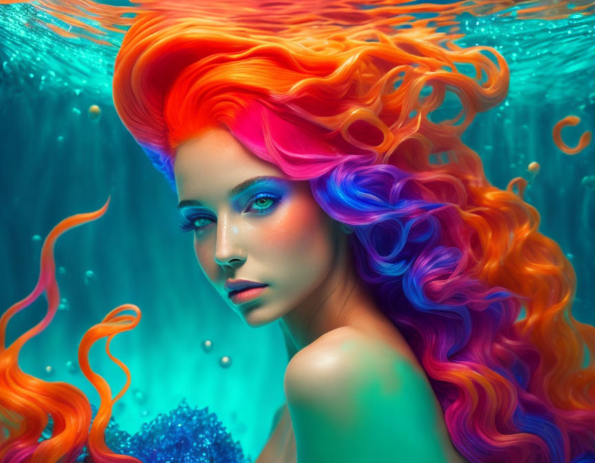 Colorful underwater portrait of woman with rainbow hair and teal plants