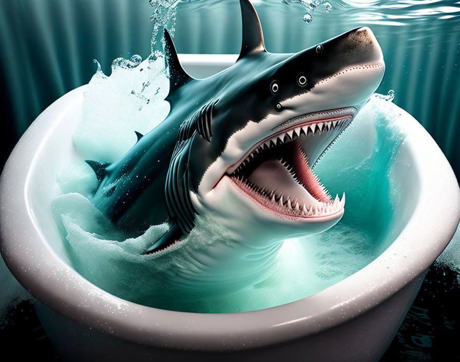 Fierce Shark Emerges from Small Bathtub in Digital Art