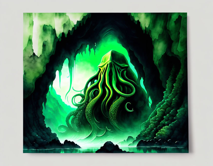 Colorful painting of green squid-like creature in mystical cavernous setting