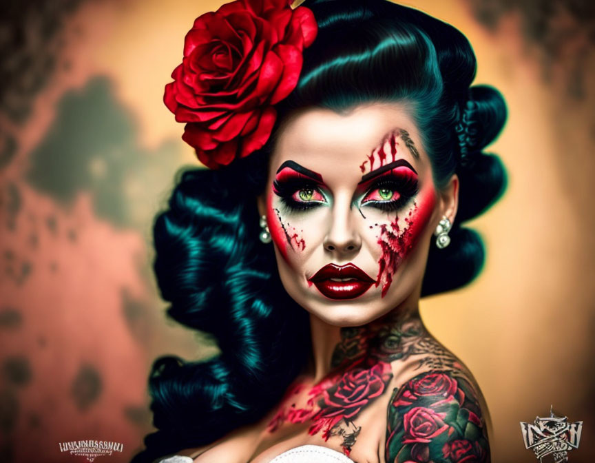 Woman with pin-up hairstyle, skull face paint, tattoos, and red flower in hair against warm backdrop