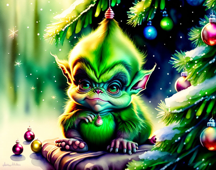 Green-Eared Gremlin Illustration Under Christmas Tree