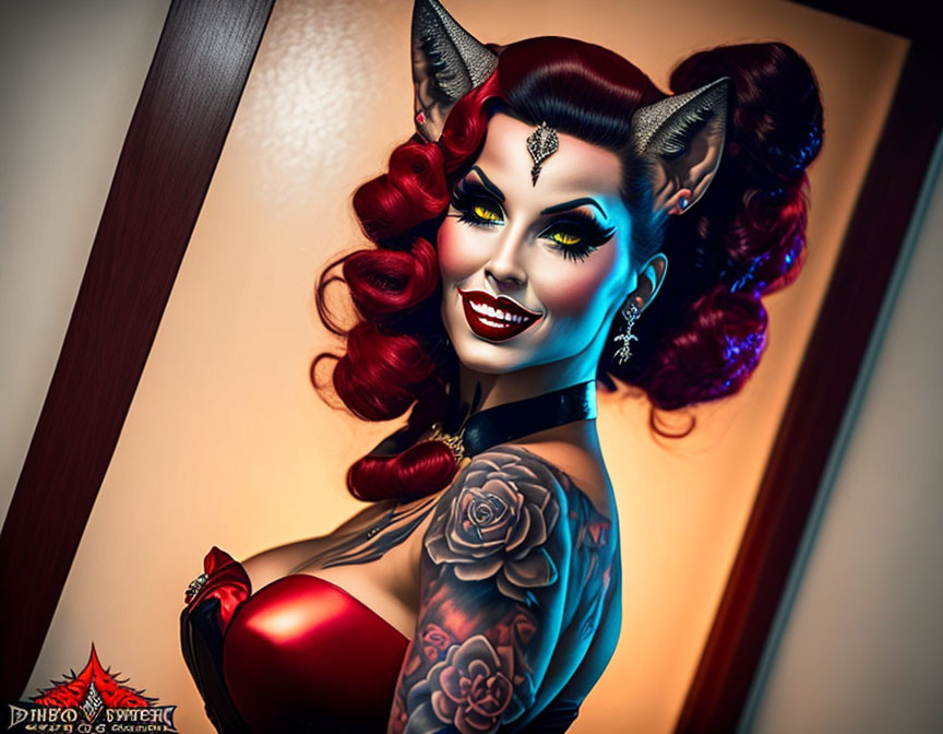 Stylized woman with devilish features, red hair, horns, tattooed arms, and mis