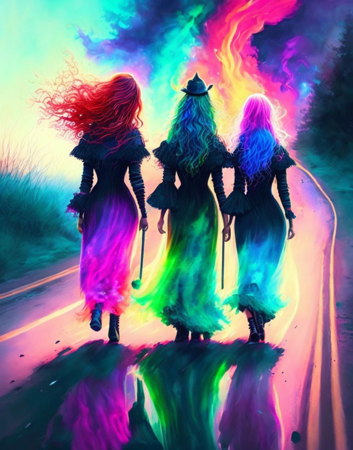 Vibrant women with colorful hair on a wet road