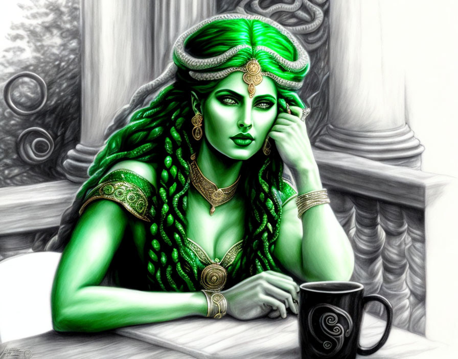 Medusa drinking coffee wishing for a man