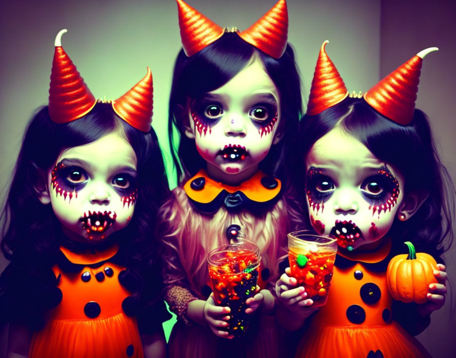 Three children in devil costumes with painted faces and Halloween treats.