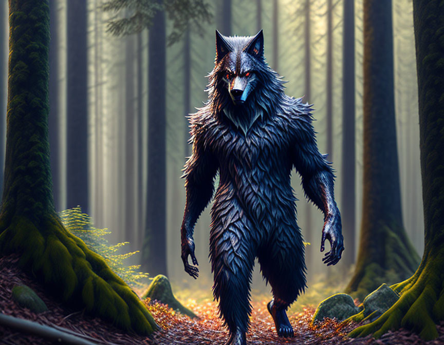 Dark-furred bipedal wolf creature in misty forest