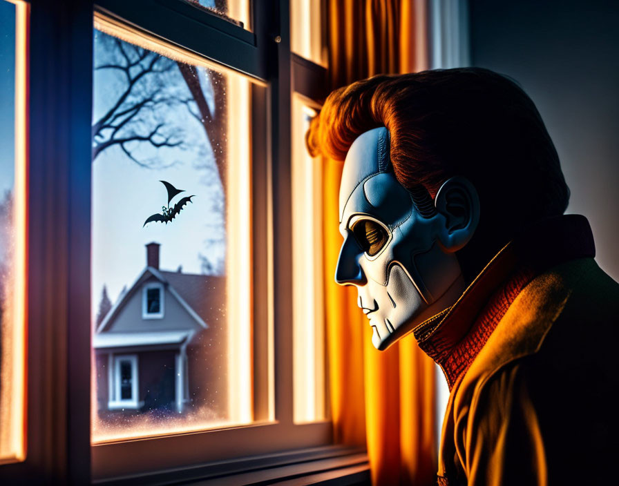 Person in Skull Mask at Dusk with Bat and Lit House