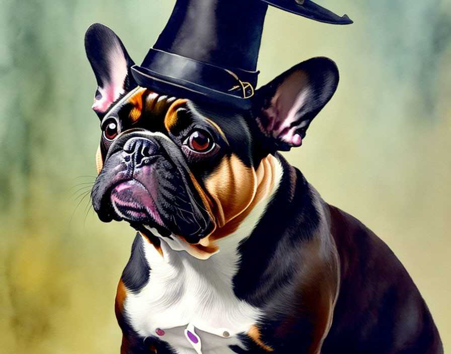 French Bulldog in Top Hat and Bow Tie on Blurred Background