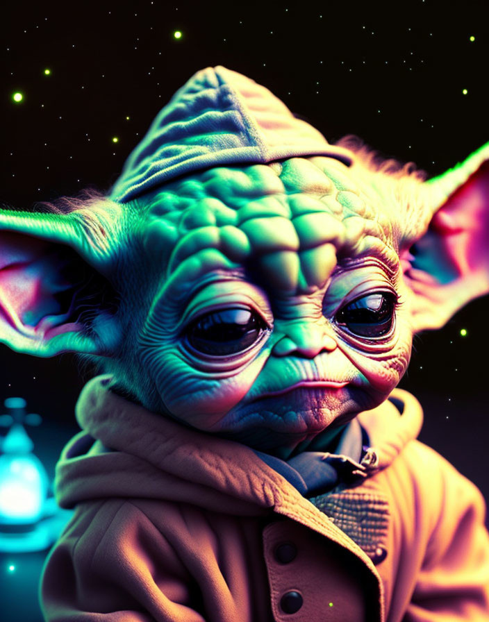 Detailed Baby Yoda illustration in coat against space background