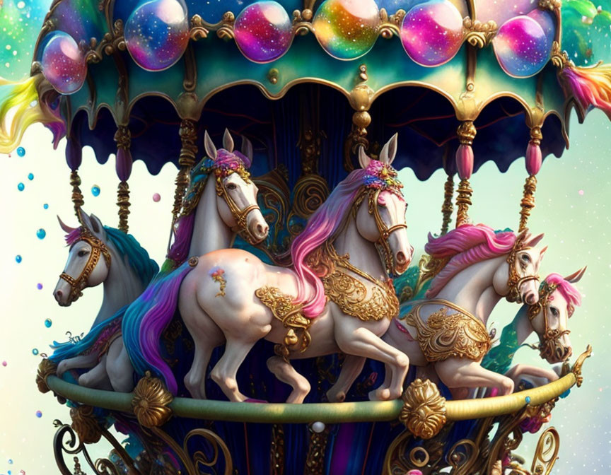 Fantasy white horses with colorful manes pull ornate carousel top under celestial backdrop