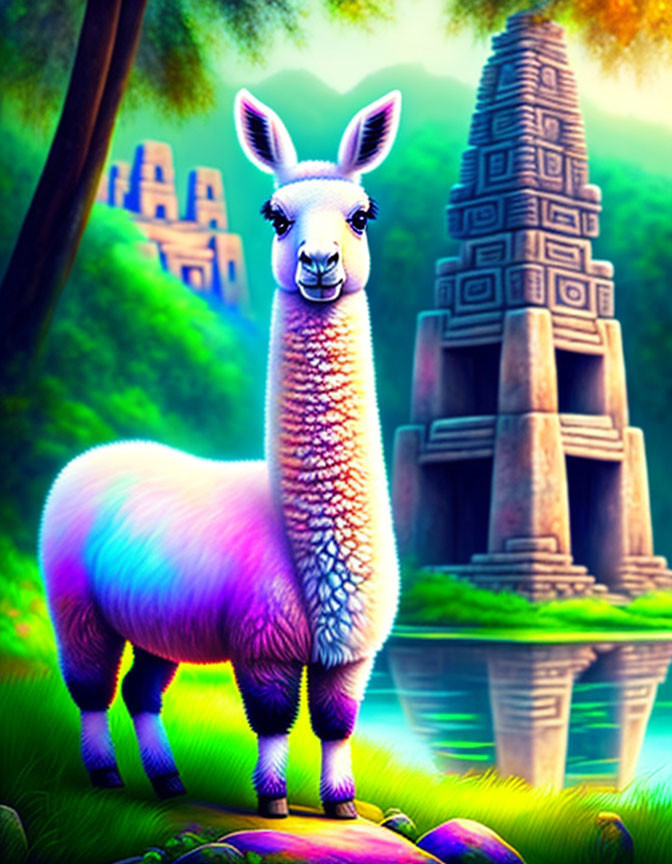 Colorful Llama Stands Before Ancient Temple in Jungle