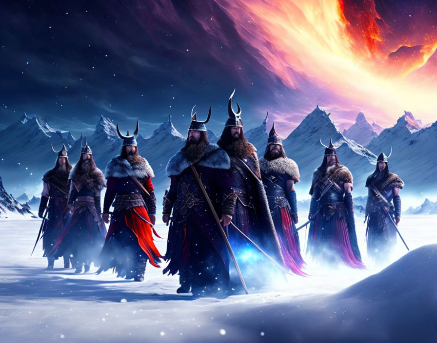 Digital artwork of warriors in Viking attire in snowy landscape with aurora.