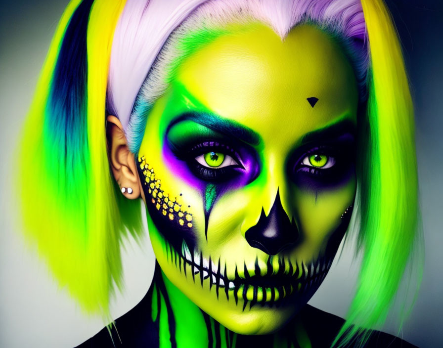 Vibrant skull makeup in yellow, green, and purple with neon aesthetic