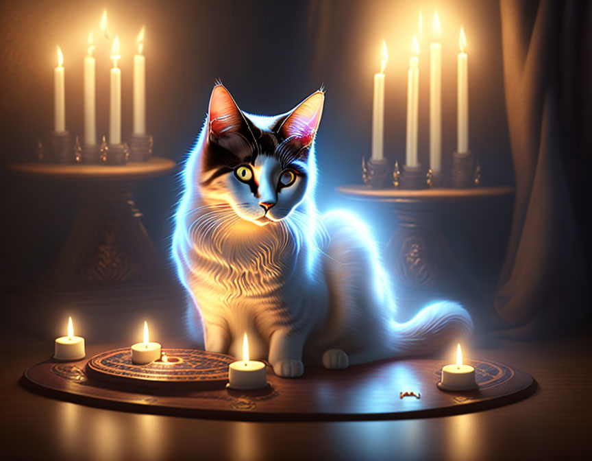 Glowing blue outlined cat on wooden table with lit candles in mystical setting