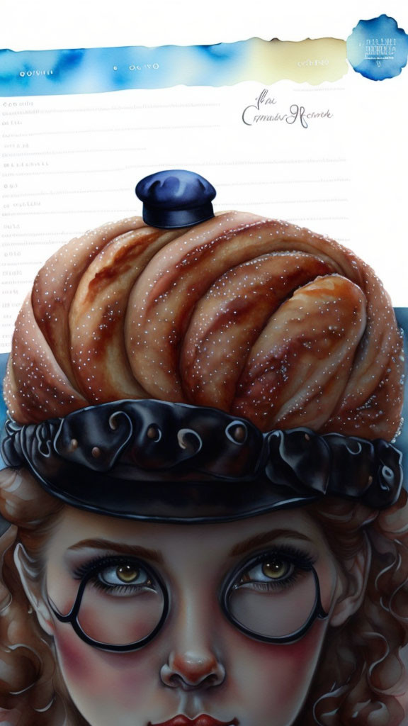 Surreal portrait of a woman with cinnamon roll hat on blue stripe background