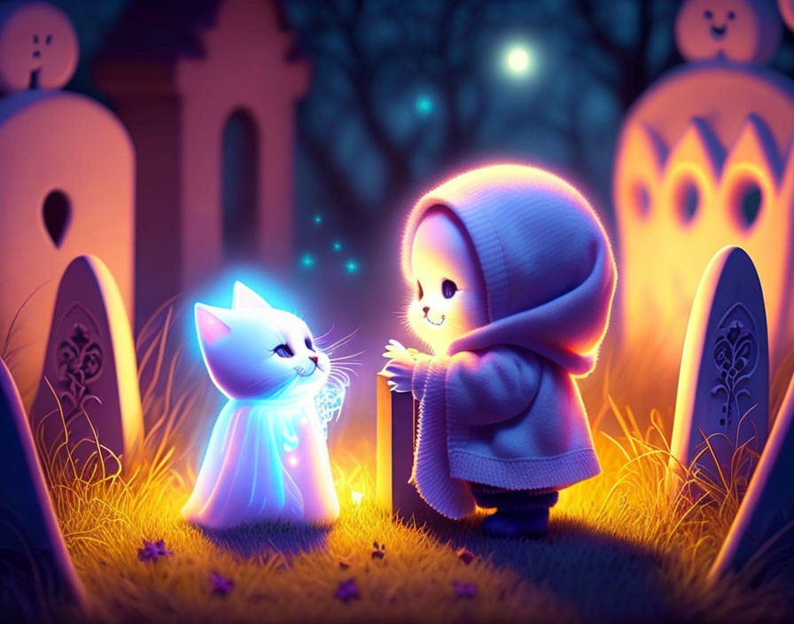 Glowing white cat with spectral child in moonlit graveyard