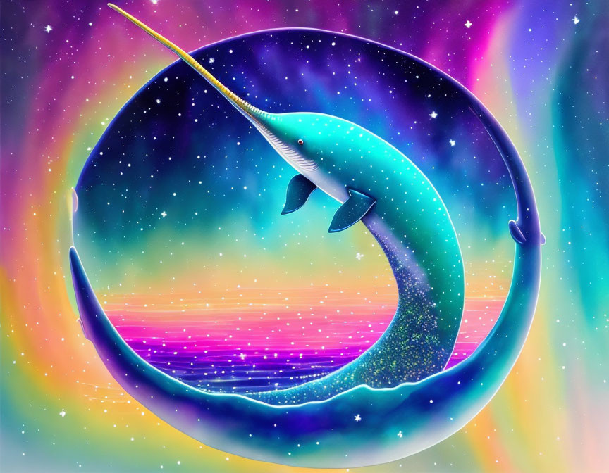 Colorful Narwhal Artwork in Cosmic Setting