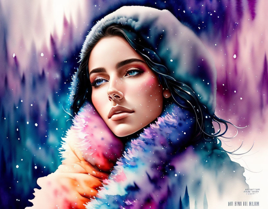 Colorful Coat Woman in Snowy Forest Portrait