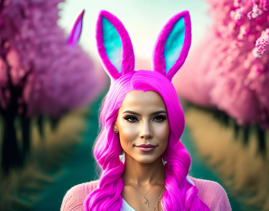 Portrait of woman with pink hair and bunny ears in front of blooming pink trees