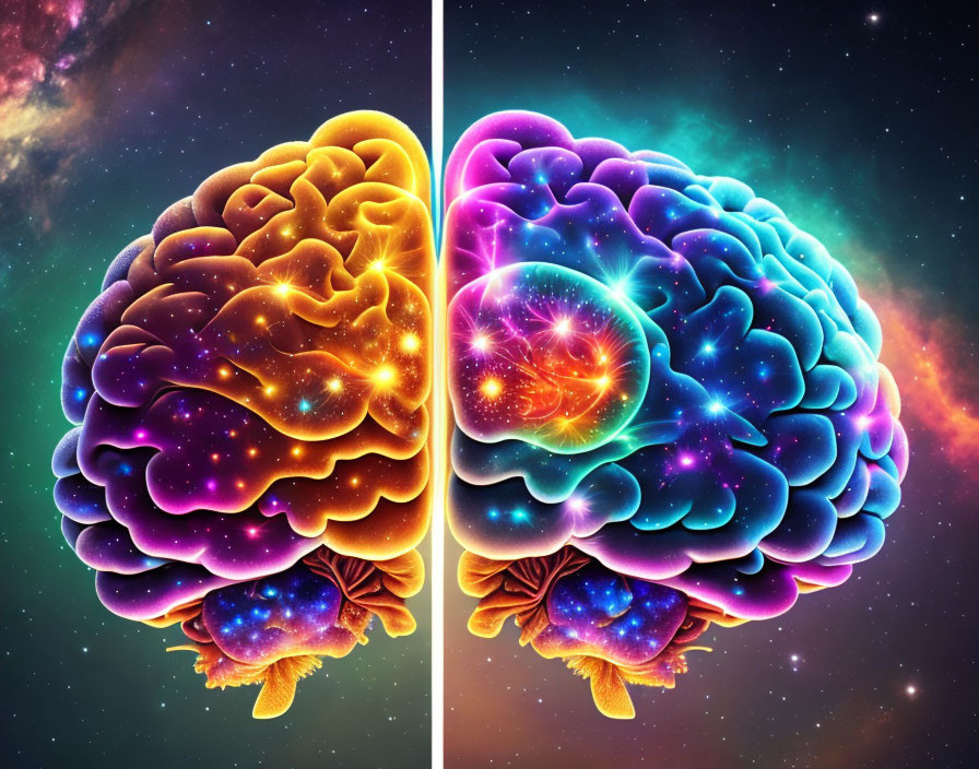 Colorful artistic representation of a split human brain on cosmic backdrop