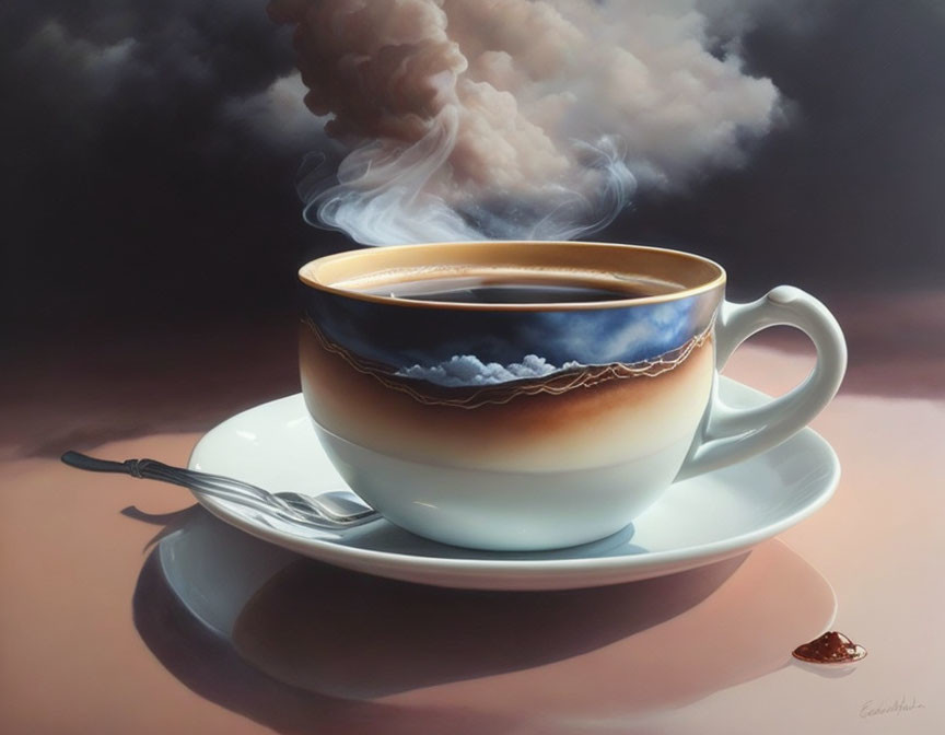 Realistic painting of coffee cup on saucer with spoon, featuring mountain range and cloud landscape.