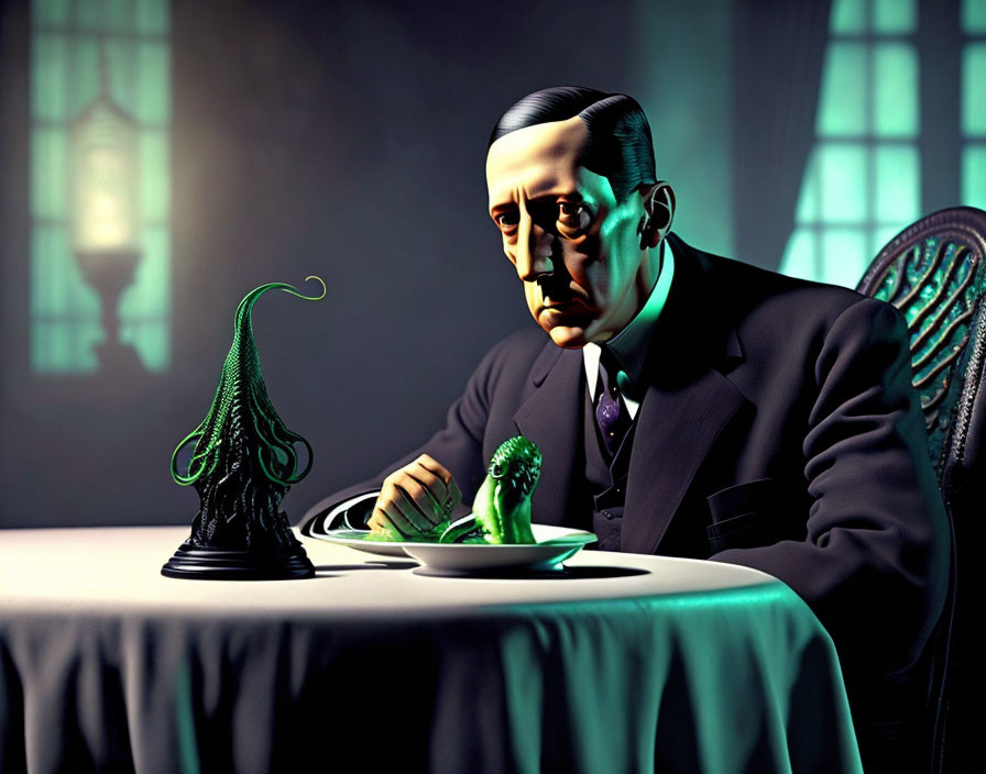 Illustration of man with tentacle creature on plate at dining table