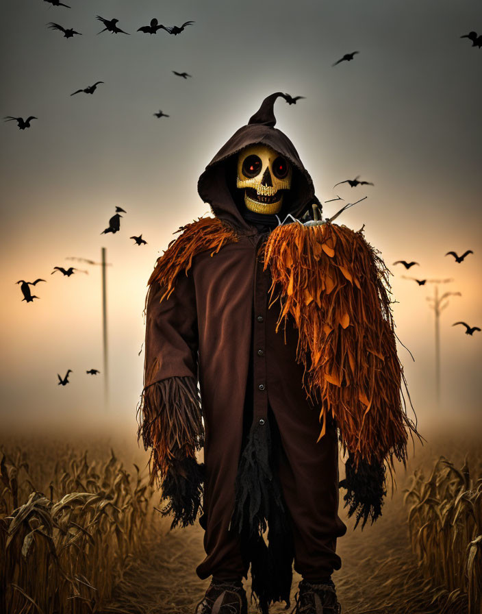 Skull-faced scarecrow in misty field with crows