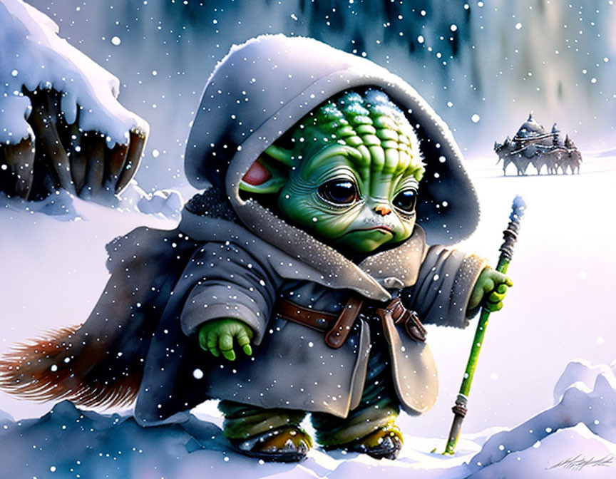 Young Yoda-like character in cloak in snowy landscape with sleigh and reindeer