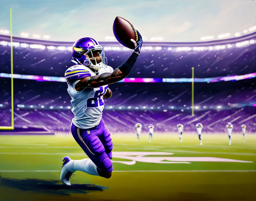 Football player in purple and gold uniform catching ball in stadium.