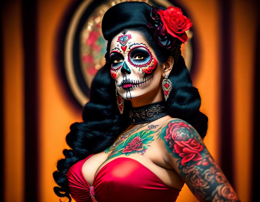 Person with Day of the Dead makeup and rose, skull face paint, tattoos on arm against warm background