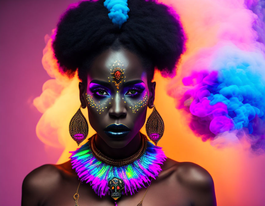 Colorful Jewelry Woman Poses in Vibrant Makeup Amid Purple and Blue Smoke