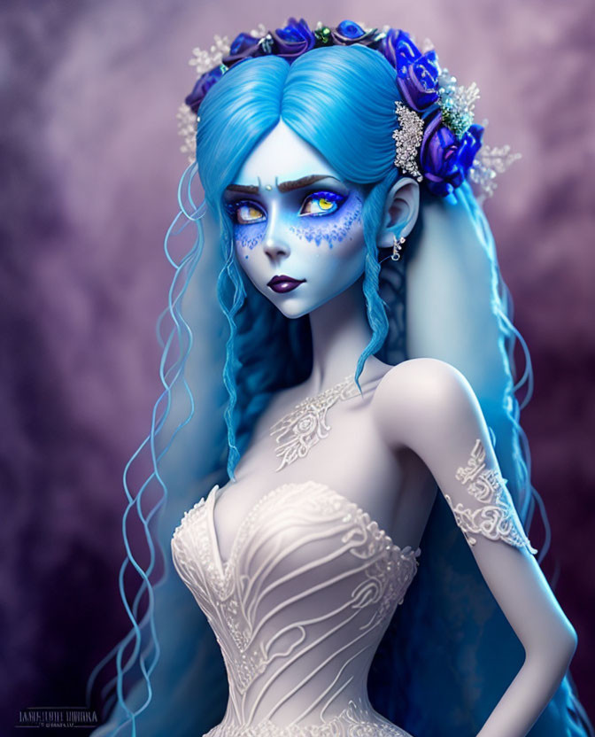 Digital artwork of blue-skinned female with vibrant hair and facial markings