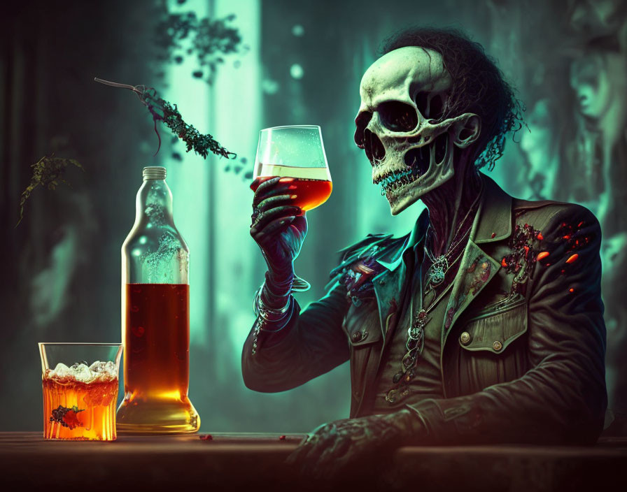 Skeleton in Jacket Sits at Bar with Amber Drink