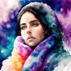 Colorful Coat Woman in Snowy Forest Portrait