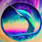 Colorful Narwhal Artwork in Cosmic Setting