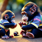 Colorful shirts chimpanzees playing with red cups on sunlit path