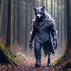 Dark-furred bipedal wolf creature in misty forest