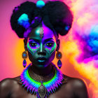 Colorful Jewelry Woman Poses in Vibrant Makeup Amid Purple and Blue Smoke