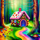 Colorful whimsical gingerbread house in enchanted forest with candy path