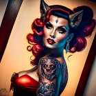 Stylized woman with devilish features, red hair, horns, tattooed arms, and mis