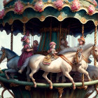 Fantasy white horses with colorful manes pull ornate carousel top under celestial backdrop