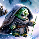 Young Yoda-like character in cloak in snowy landscape with sleigh and reindeer