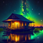 Tranquil lakeside house under starry sky with aurora and fireflies