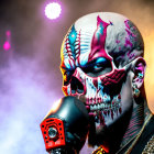 Skull face paint person with piercings holding a microphone under stage lights