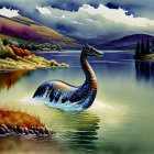 Serpent-like creature emerges from serene lake scene