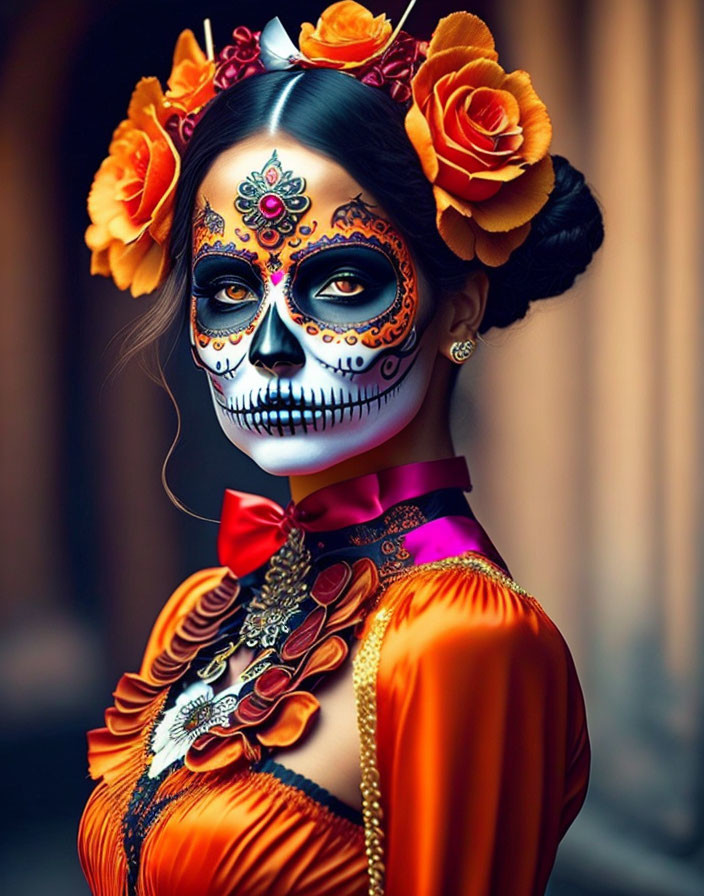 Woman with Dia de los Muertos makeup and flower crown in orange dress posing with skull face paint.