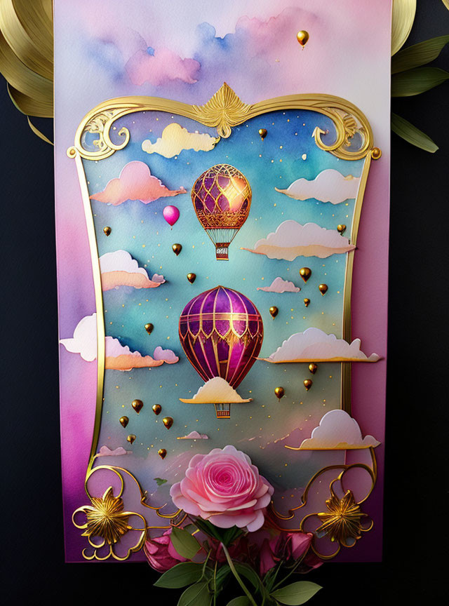 Colorful paper art: hot air balloons, clouds, stars, and pink rose in golden frame