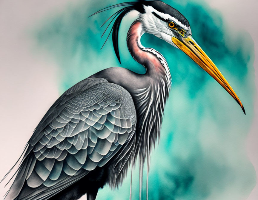 Detailed Great Blue Heron Illustration with Sharp Beak & Feathers