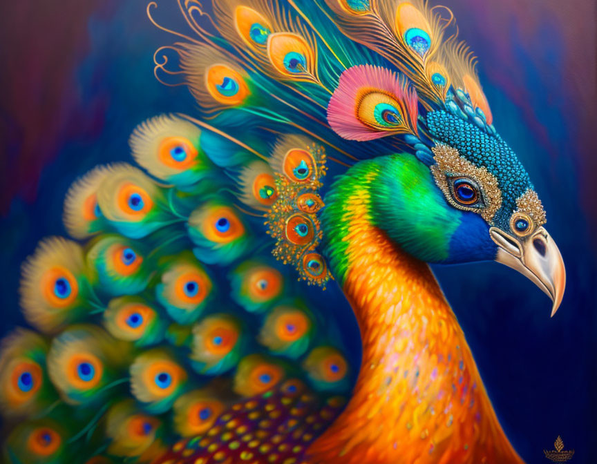 Colorful Peacock Painting with Blue, Green, and Orange Feathers