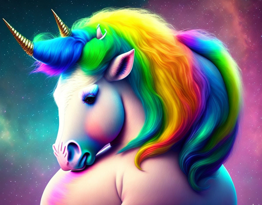 Colorful unicorn illustration with rainbow mane and golden horns on starry background